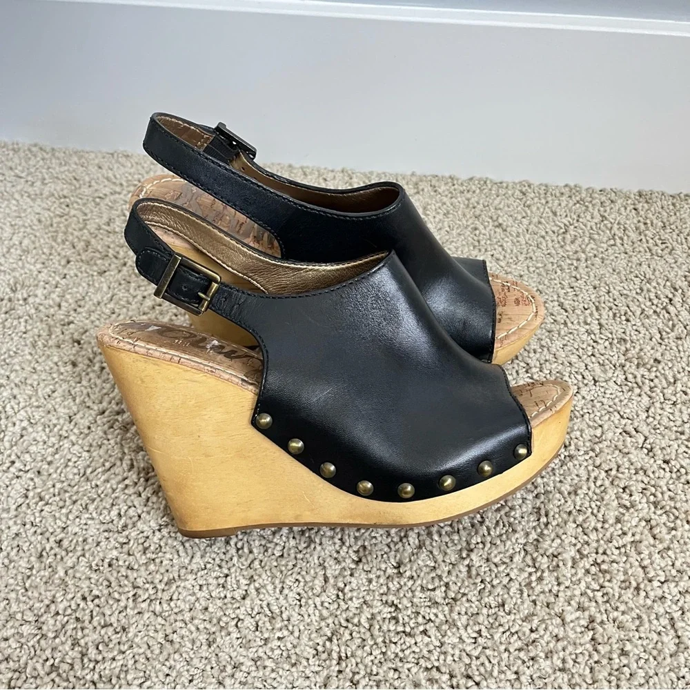 Sam Edelman Camilla Black Leather Studded Cork Wedge Open Toe Sandals Size 9 - Picture 11 of 15